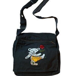 Jayli Grateful Dead Bear black w/rose embroidery shoulder messenger bag NWT
